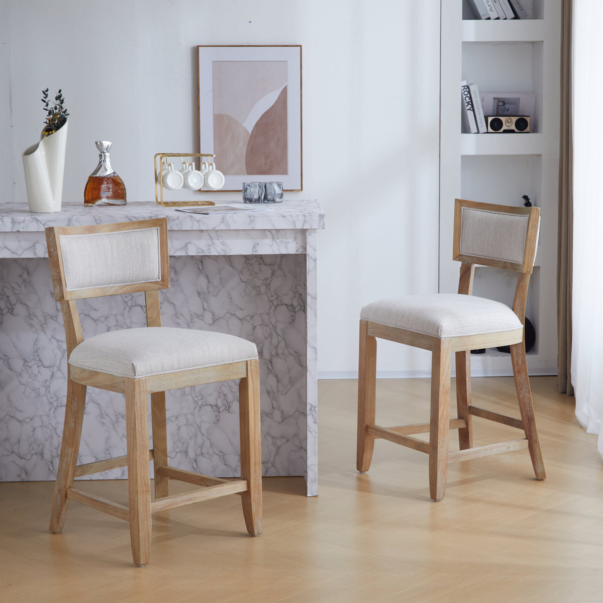 Upholstered Counter Stools Set of 2 with Ergonomic Back - Beige & Natural