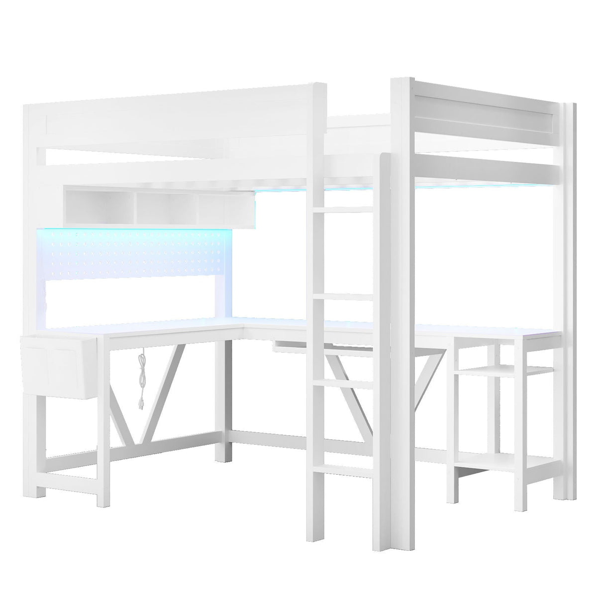Gaming Loft Bed With Desk, Storage Shelves, LED and Charging Station - Full