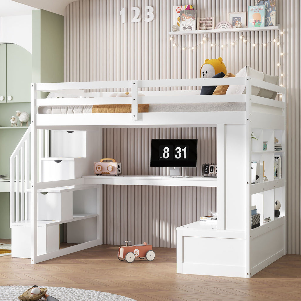 Full Size Loft Bed with Desk, Drawers & Storage Staircase - White