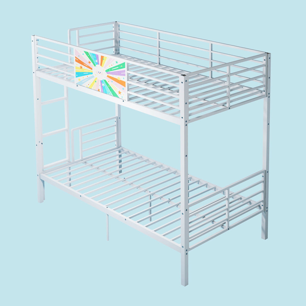 Convertible Metal Bunk Bed with Full-Length Guardrail and Ladder - White