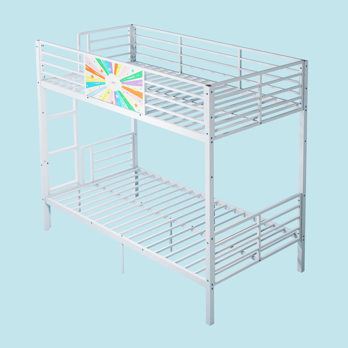 Convertible Metal Bunk Bed with Full-Length Guardrail and Ladder - White