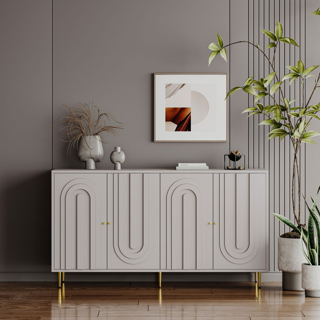 Modern Lacquered 4 Door Sideboard Buffet Server Cabinet with Adjustable Shelves - Gray or Blue