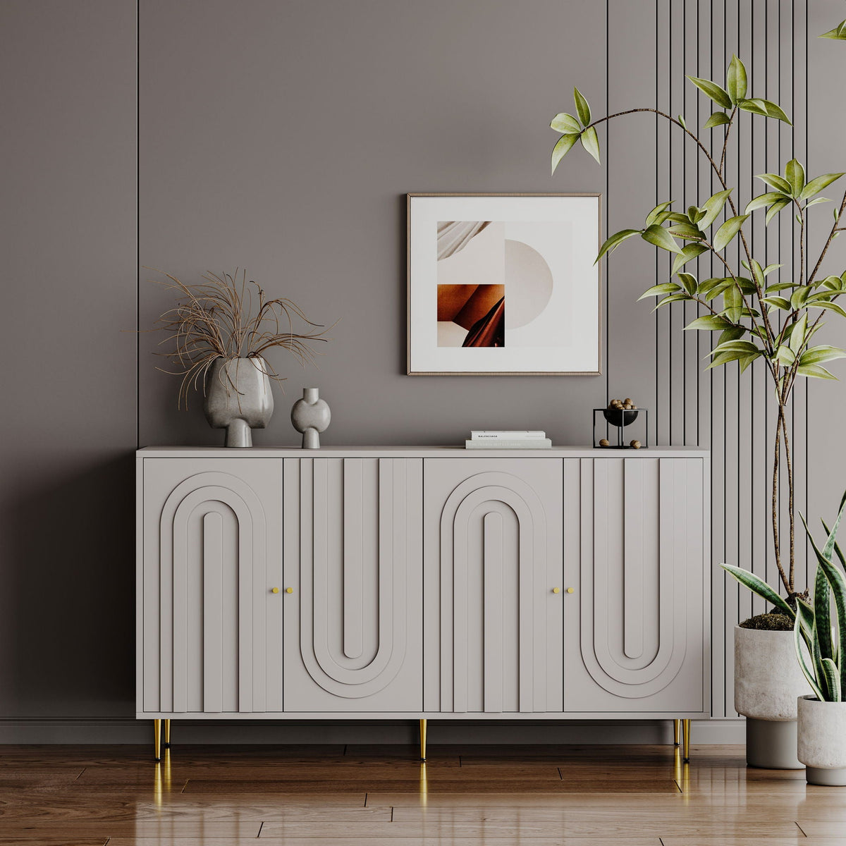 Modern Lacquered 4 Door Sideboard Buffet Server Cabinet with Adjustable Shelves - Gray or Blue
