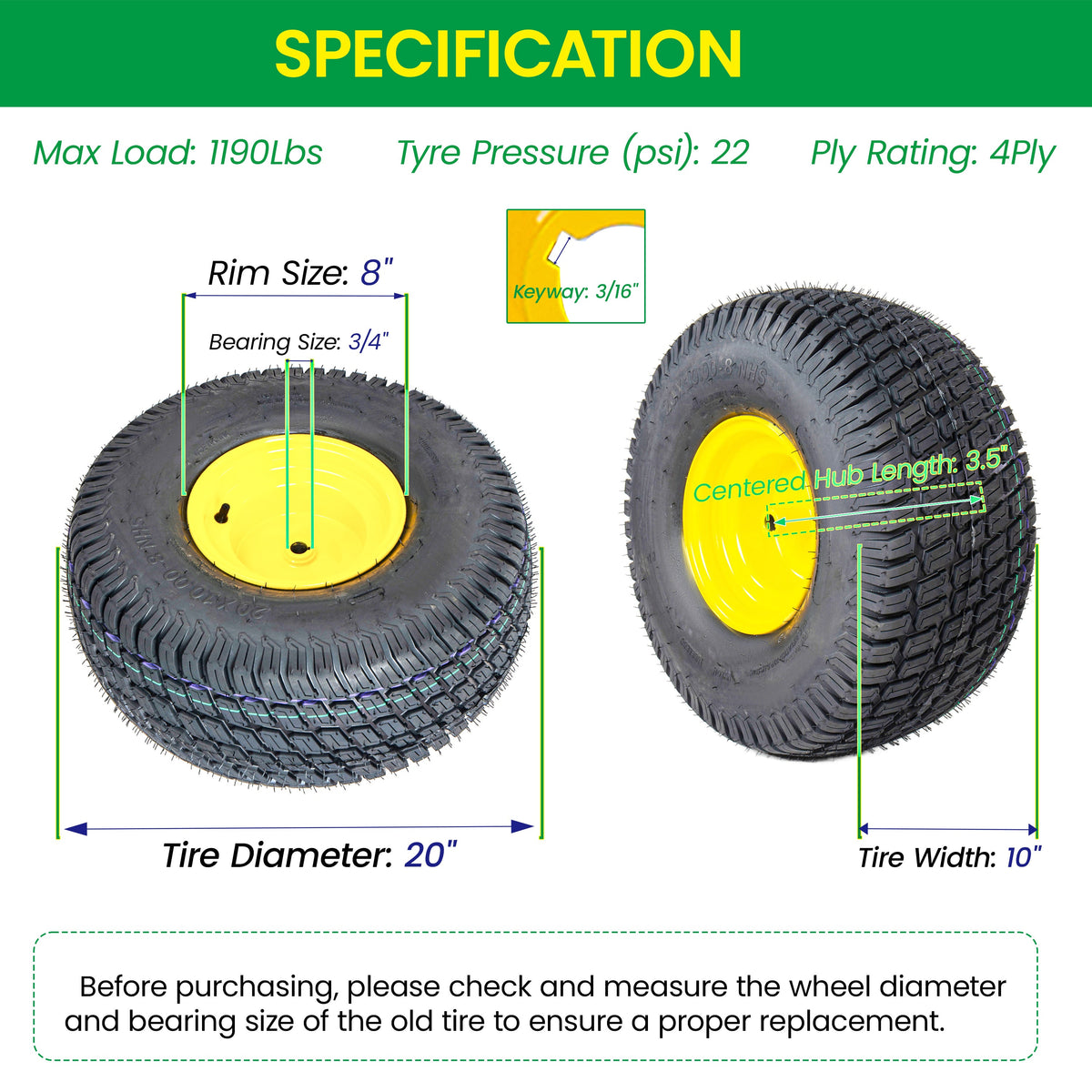 Heavy Duty Lawn Mower Tire and Wheel Assembly Set - 2 Pieces