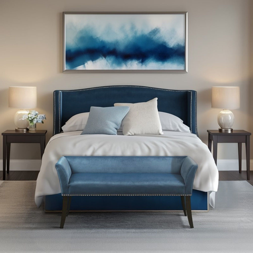 Welburn Upholstered Bench with Low Back and Flared Arms - Blue, Light Blue, or Beige