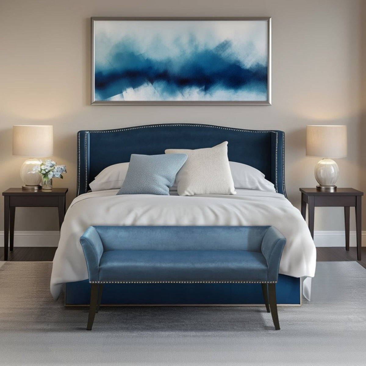 Welburn Upholstered Bench with Low Back and Flared Arms - Blue, Light Blue, or Beige