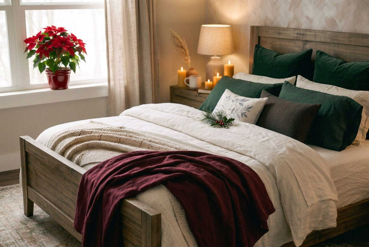 Festive bed with burgundy throw