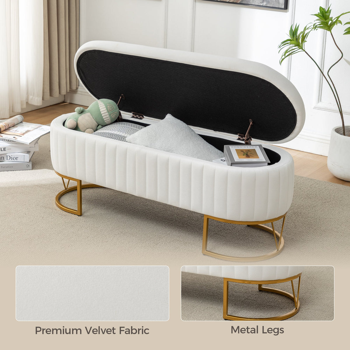 Velvet Storage Bench with Golden Metal Legs - Bedroom Bench