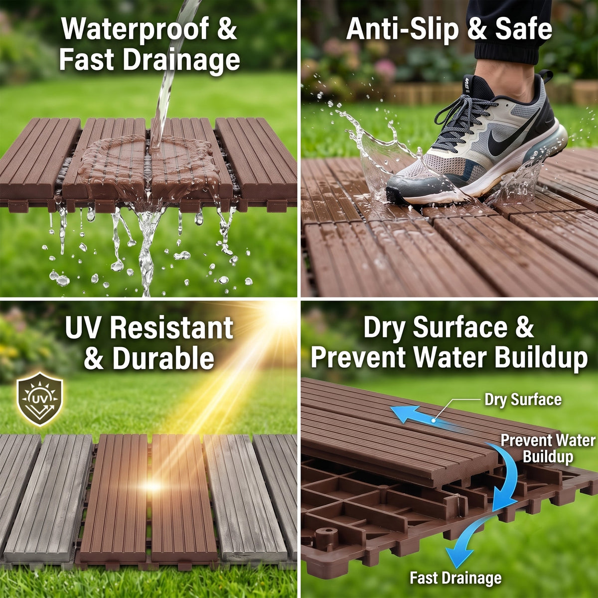 Plastic Interlocking Deck Tiles with Waterproof & Non-Slip Surface - 44 Pack
