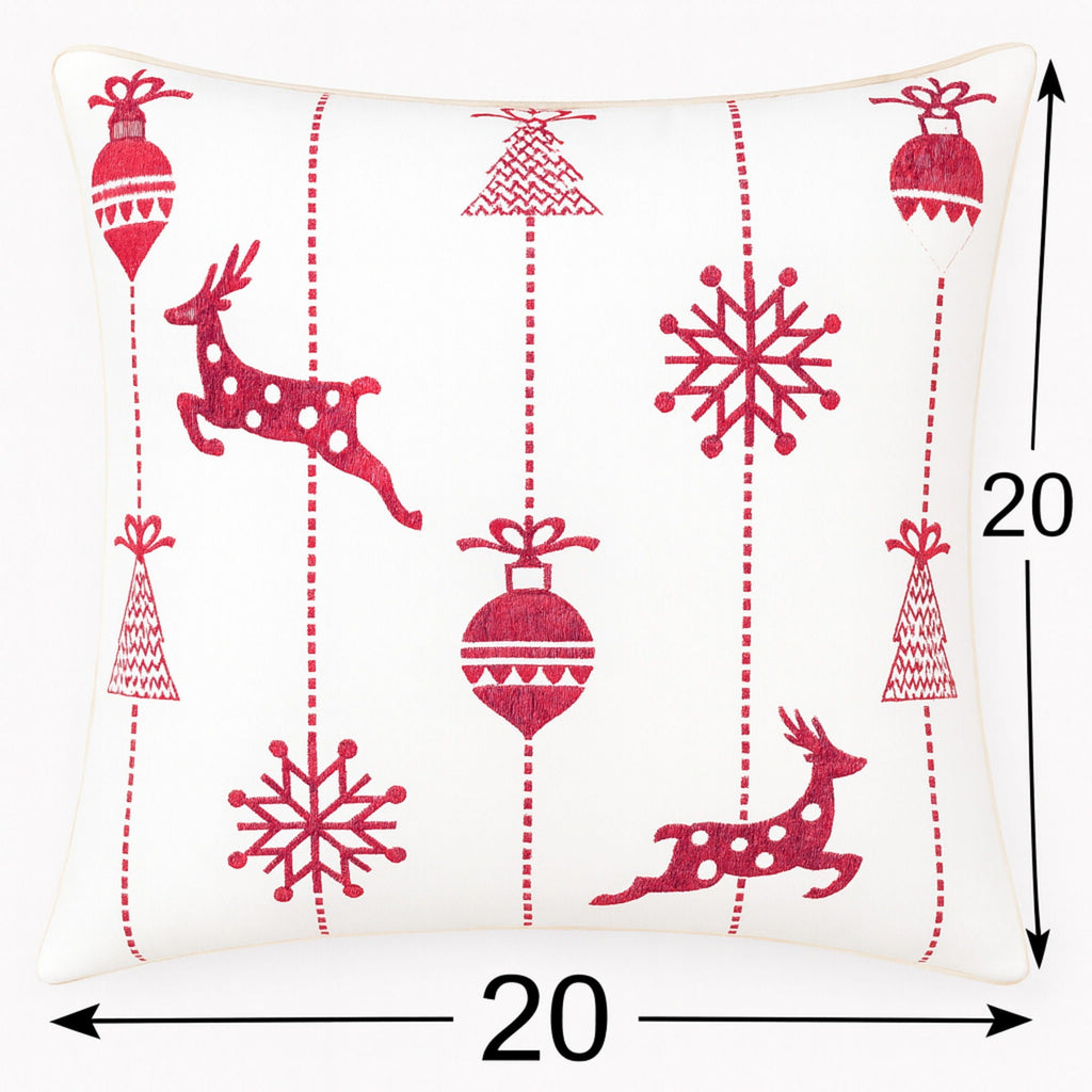Christmas Throw Pillow with Embroidered Reindeer and Snowflakes - White