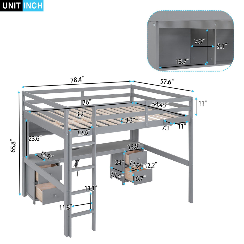 Loft Bed with Desk, Cabinets, Drawers and Charging Station - Full Size