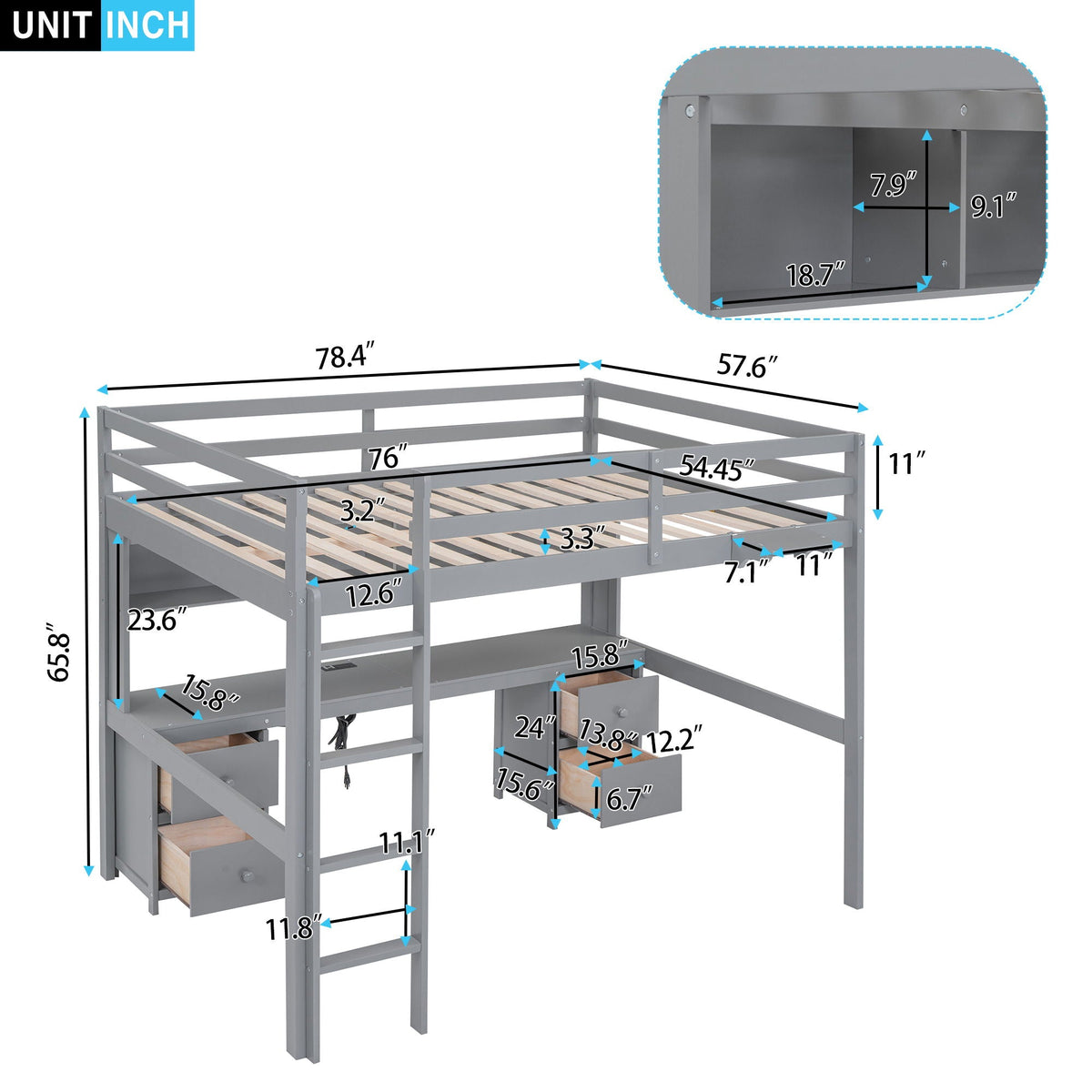 Loft Bed with Desk, Cabinets, Drawers and Charging Station - Full Size