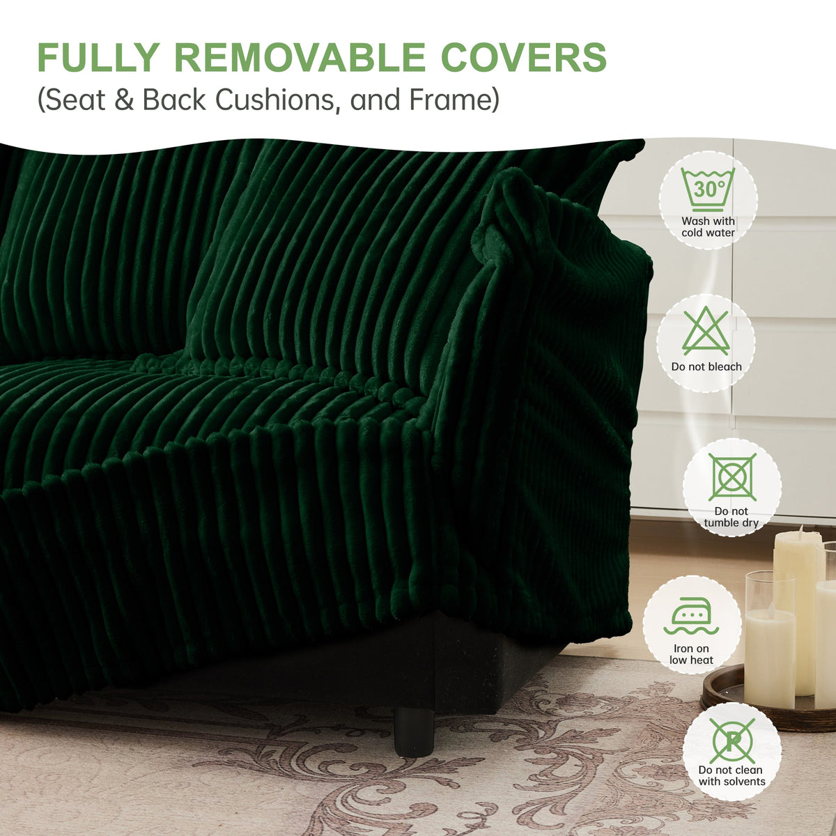 L-Shaped Slipcovered Sectional Sofa Couch with Washable Covers - Green or Cream