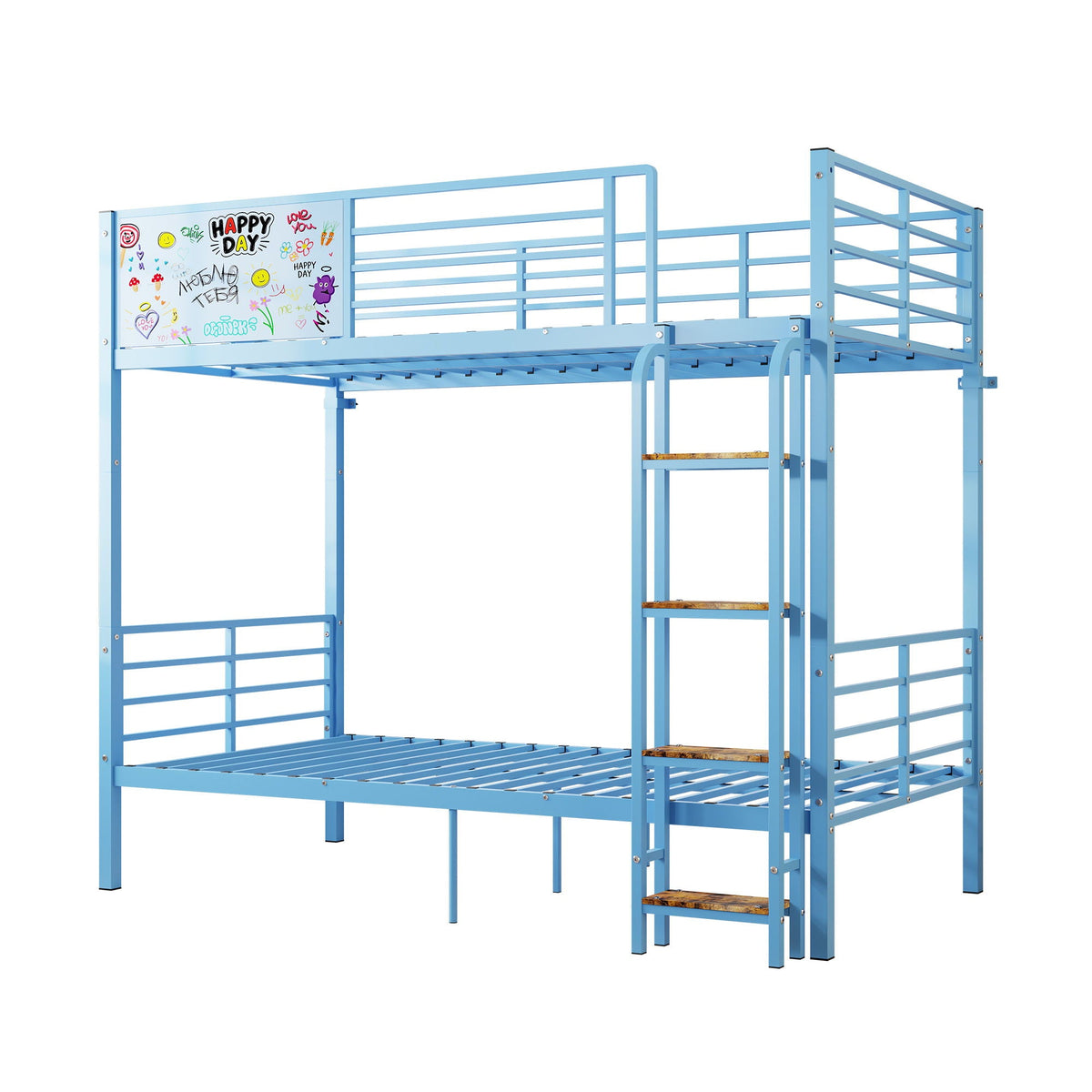 Blue Convertible Twin Bunk Bed with Guardrail and Ladder