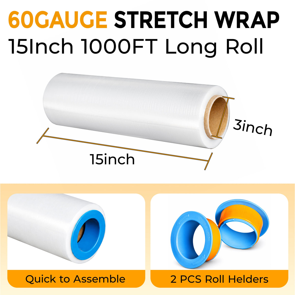 1000ft Industrial Strength Stretch Wrap Film Roll with Handles - Clear Plastic