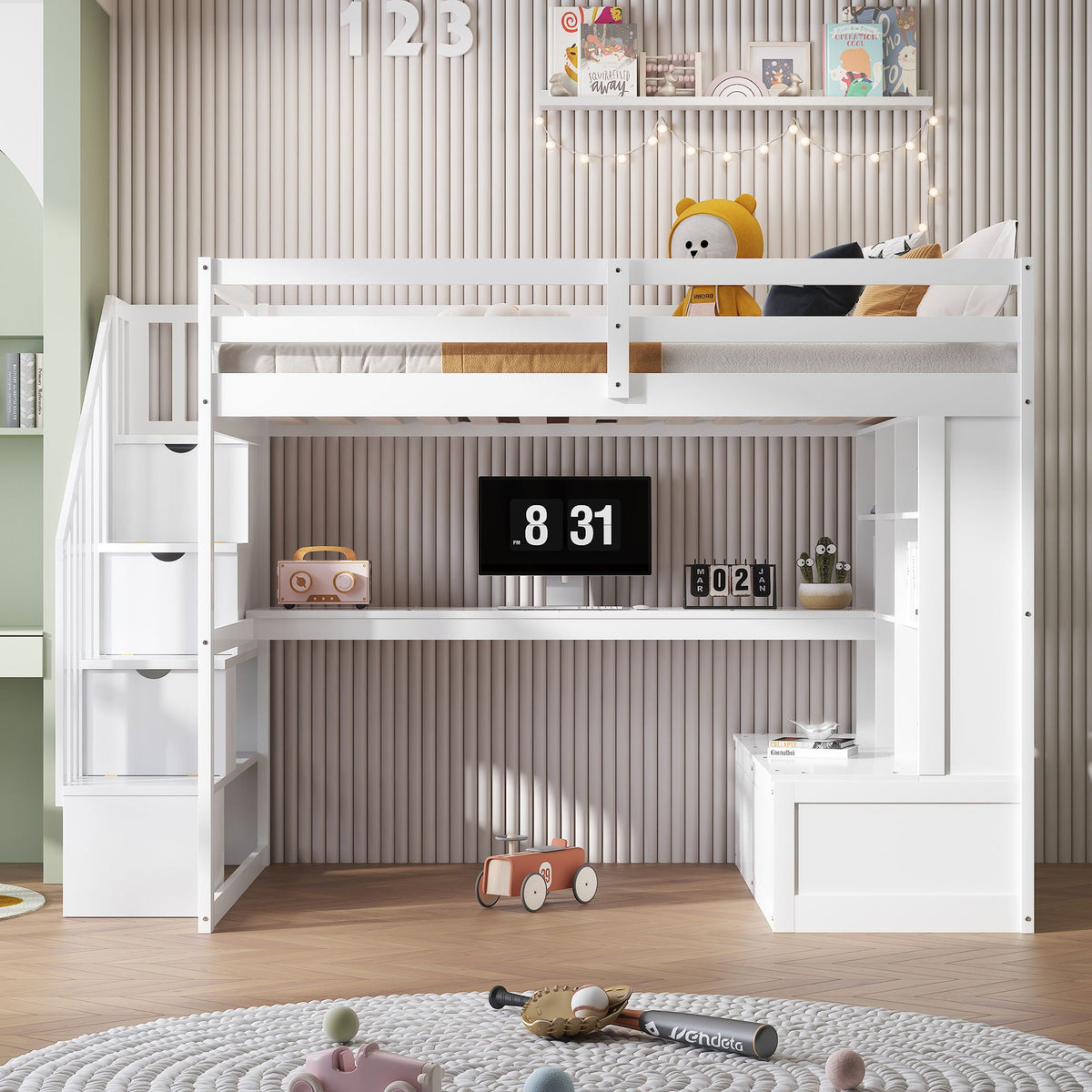Full Size Loft Bed with Desk, Drawers & Storage Staircase - White