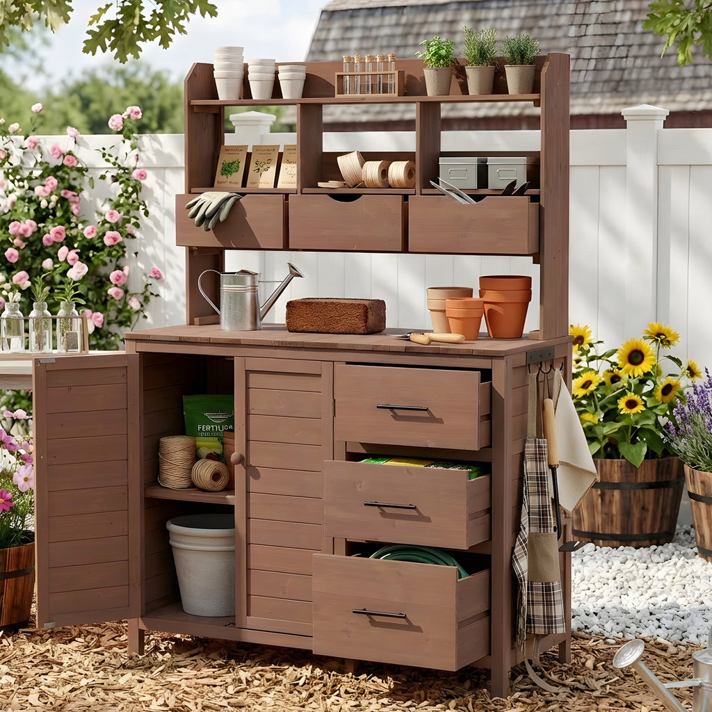 Farmhouse Patio Potting Bench with Storage and Workstation - Natural Wood