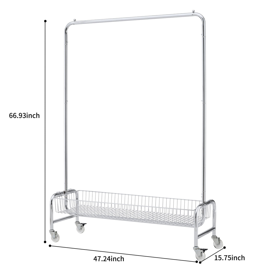 Heavy Duty Iron Garment Rack with Basket on Wheels - Silver