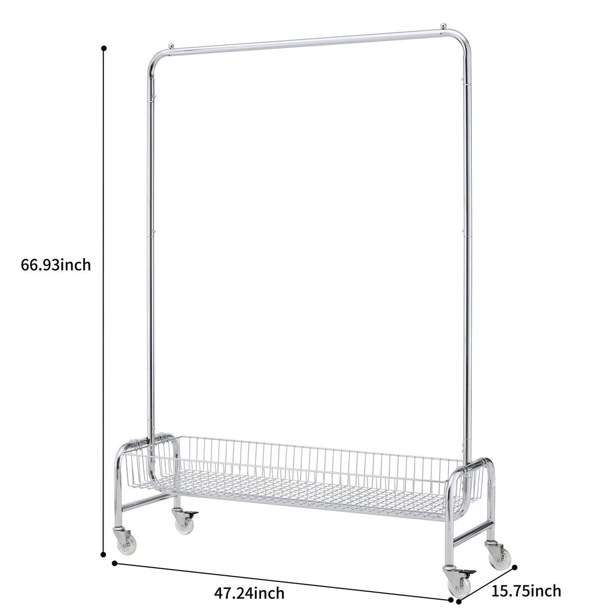 Heavy Duty Iron Garment Rack with Basket on Wheels - Silver