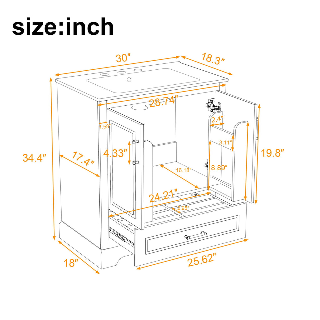 Bathroom Vanity with Sink and Soft Close Doors - White, Black, Green, or Gray