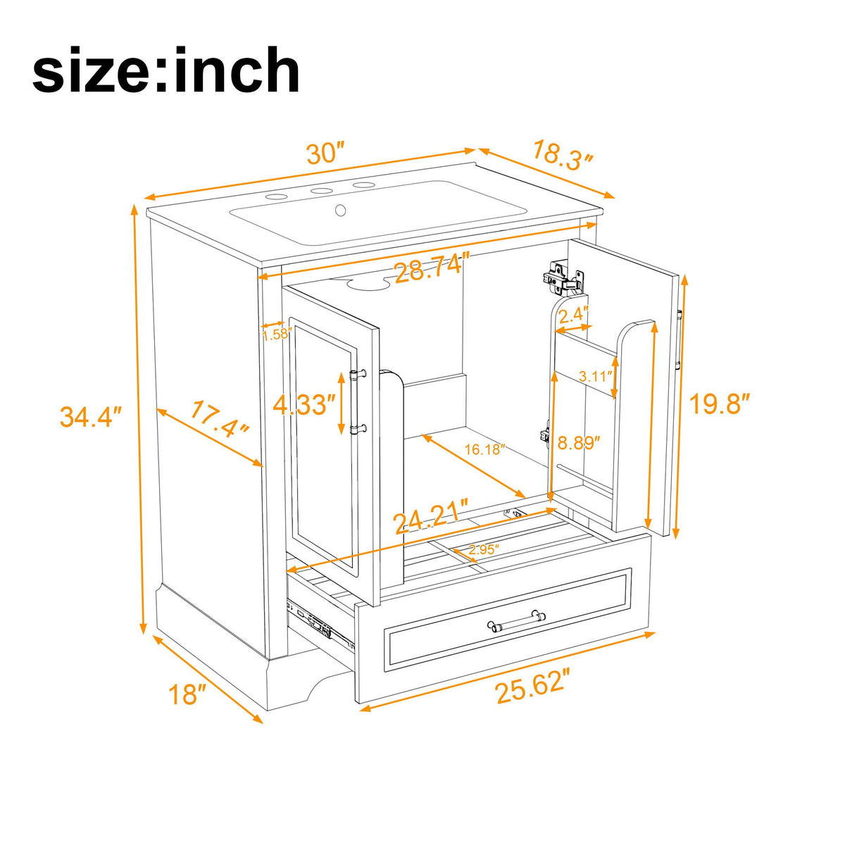 Bathroom Vanity with Sink and Soft Close Doors - White, Black, Green, or Gray