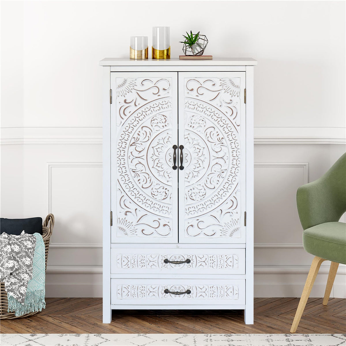 27'' Accent Tall Tower Storage Cabinet with Drawer and Doors - White