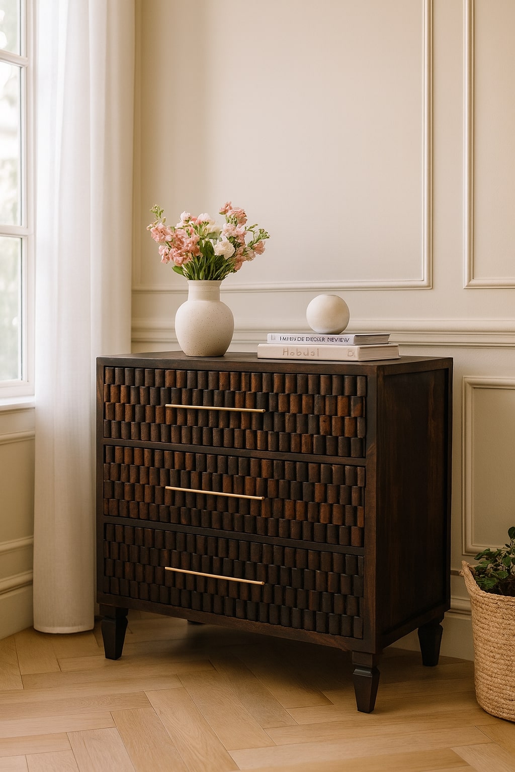 Solid Wood Arno Chest with Sculptural Design - Velvet Mocha
