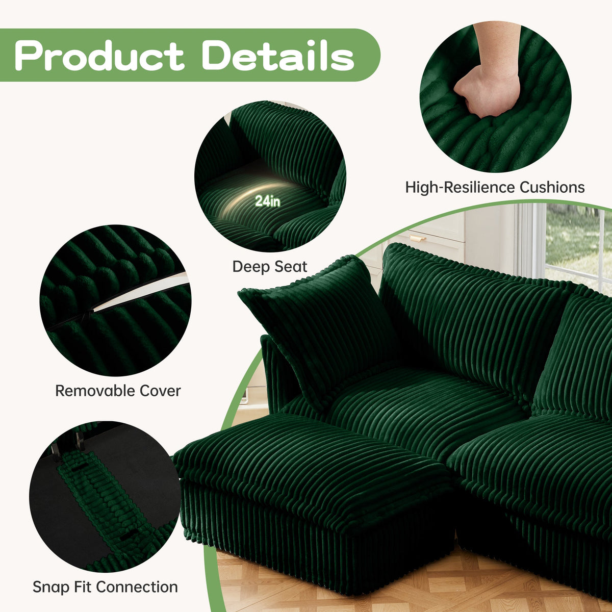 Modern Slipcovered 2-Seat Sofa with Removable Covers - Corduroy