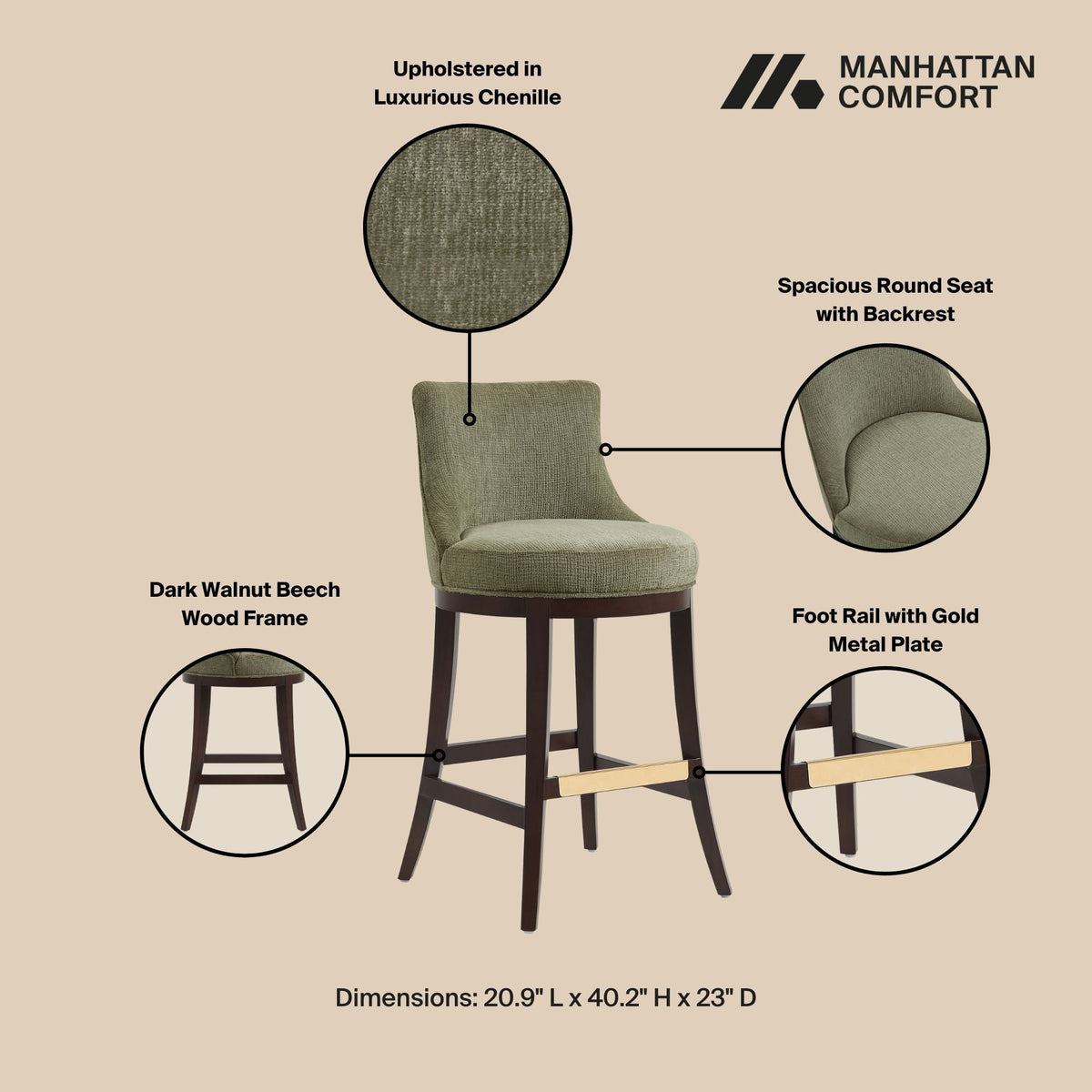 Bar Height Barstool with Backrest - Green, Light Brown, or Beige