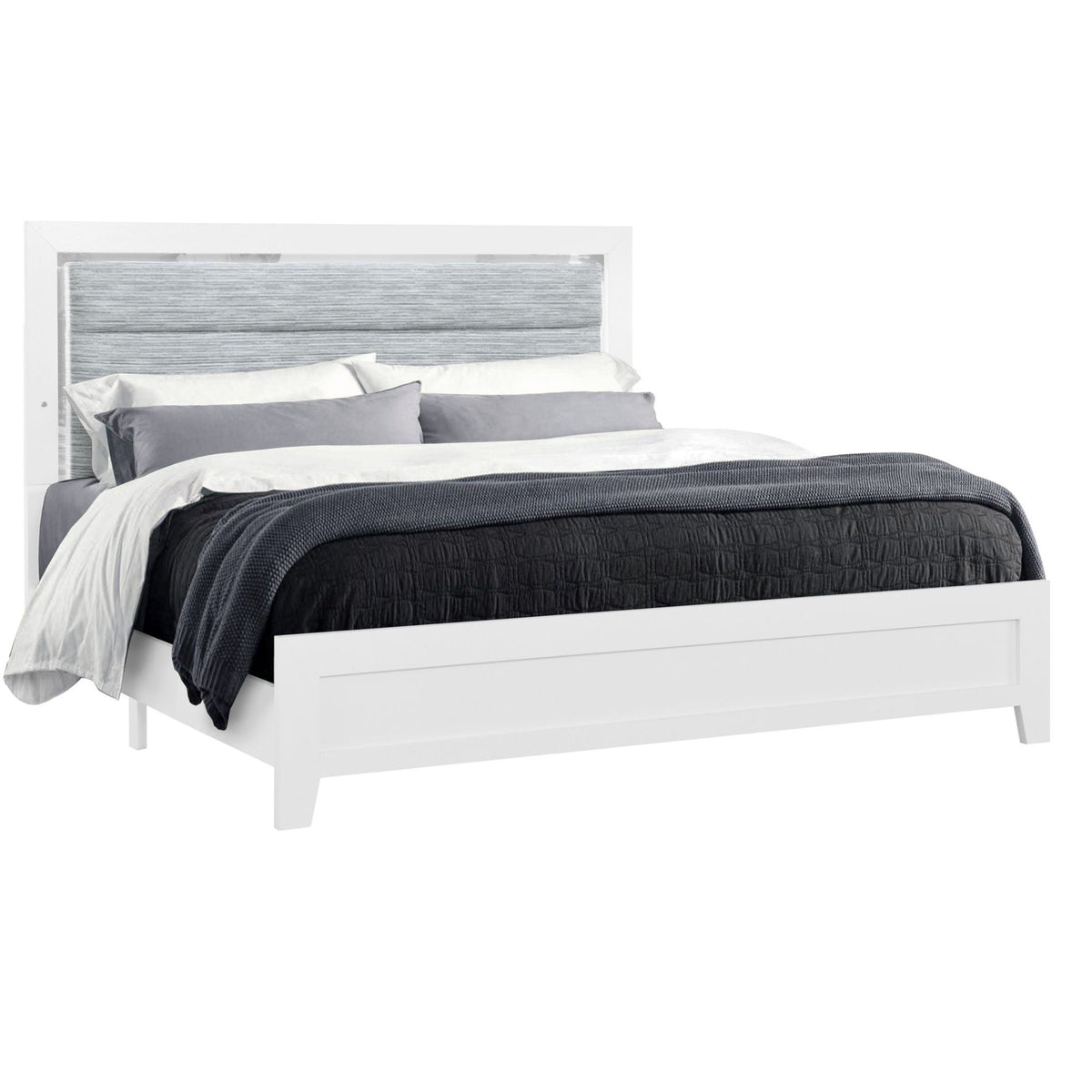 White Platform Bed with LED Accent Lighting - Upholstered Headboard