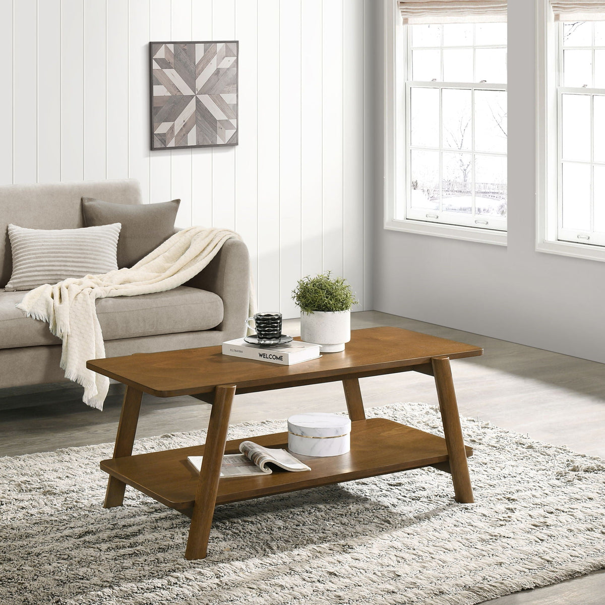Mid-Century Modern Wood Shelf 3 Piece Coffee Table Set with Storage Shelf - Walnut