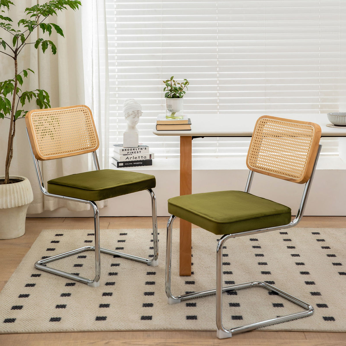 Rattan Side Accent Dining Chairs with Painted Legs - Green (Set of 2)