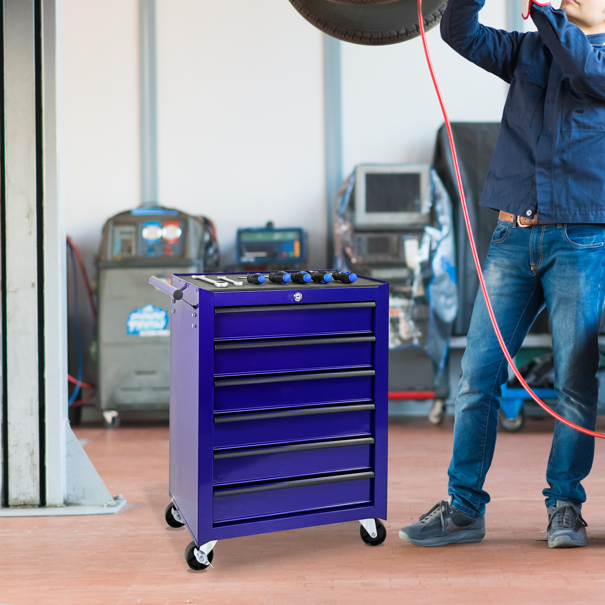 Rolling Metal Tool Chest with 6 Drawers - Steel Mobile Cabinet - Purple