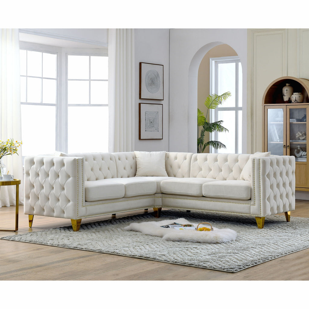 L-Shaped Corner Sofa, 5 Seater Sectional with Tufted Design – Beige or Dark Gray