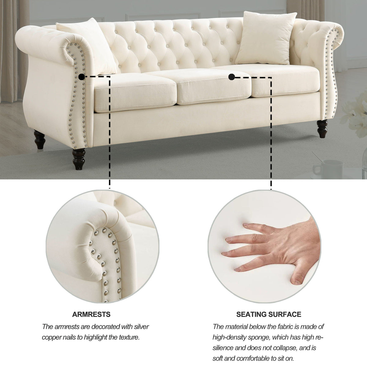Chesterfield Sofa with Rolled Arms and Nailhead Trim – Solid Wood Frame