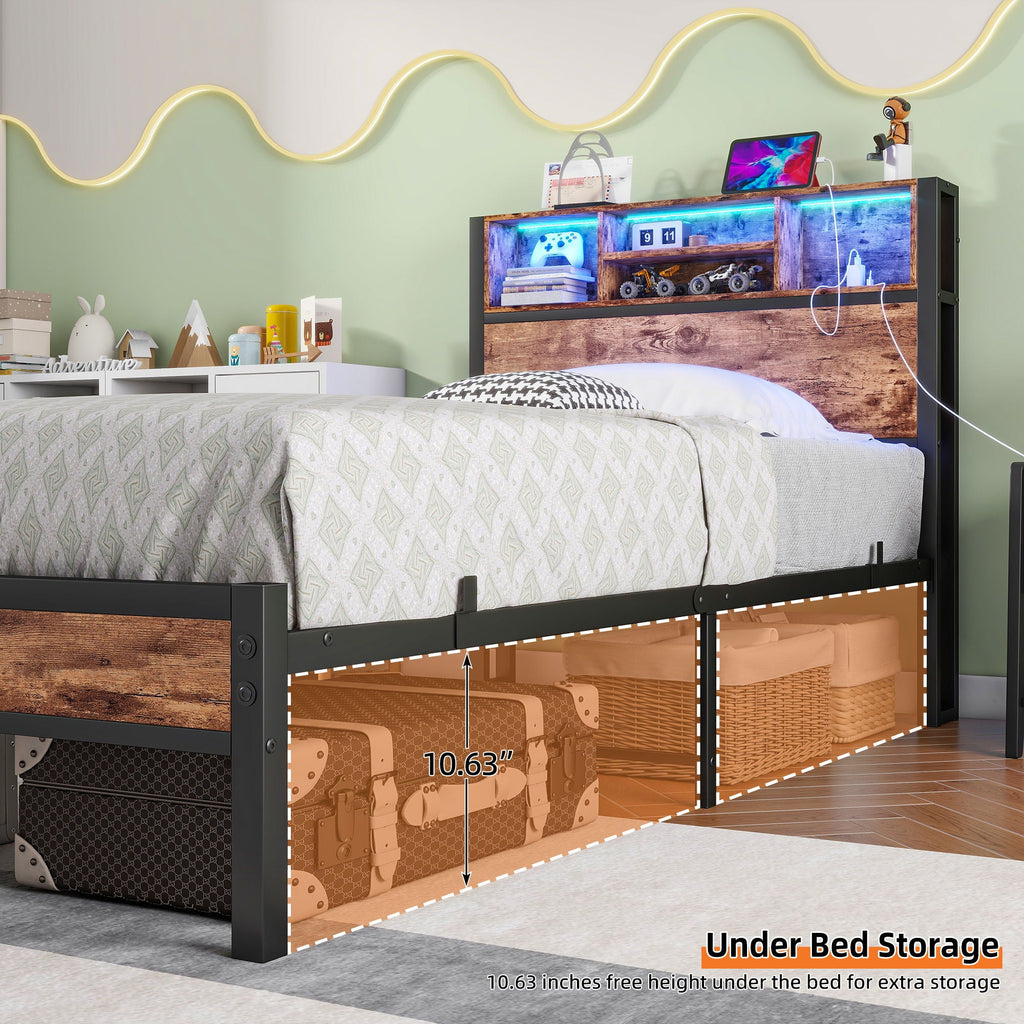 Modern Twin Size Metal Platform Bed Frame with Storage Headboard & Charging Station - Brown