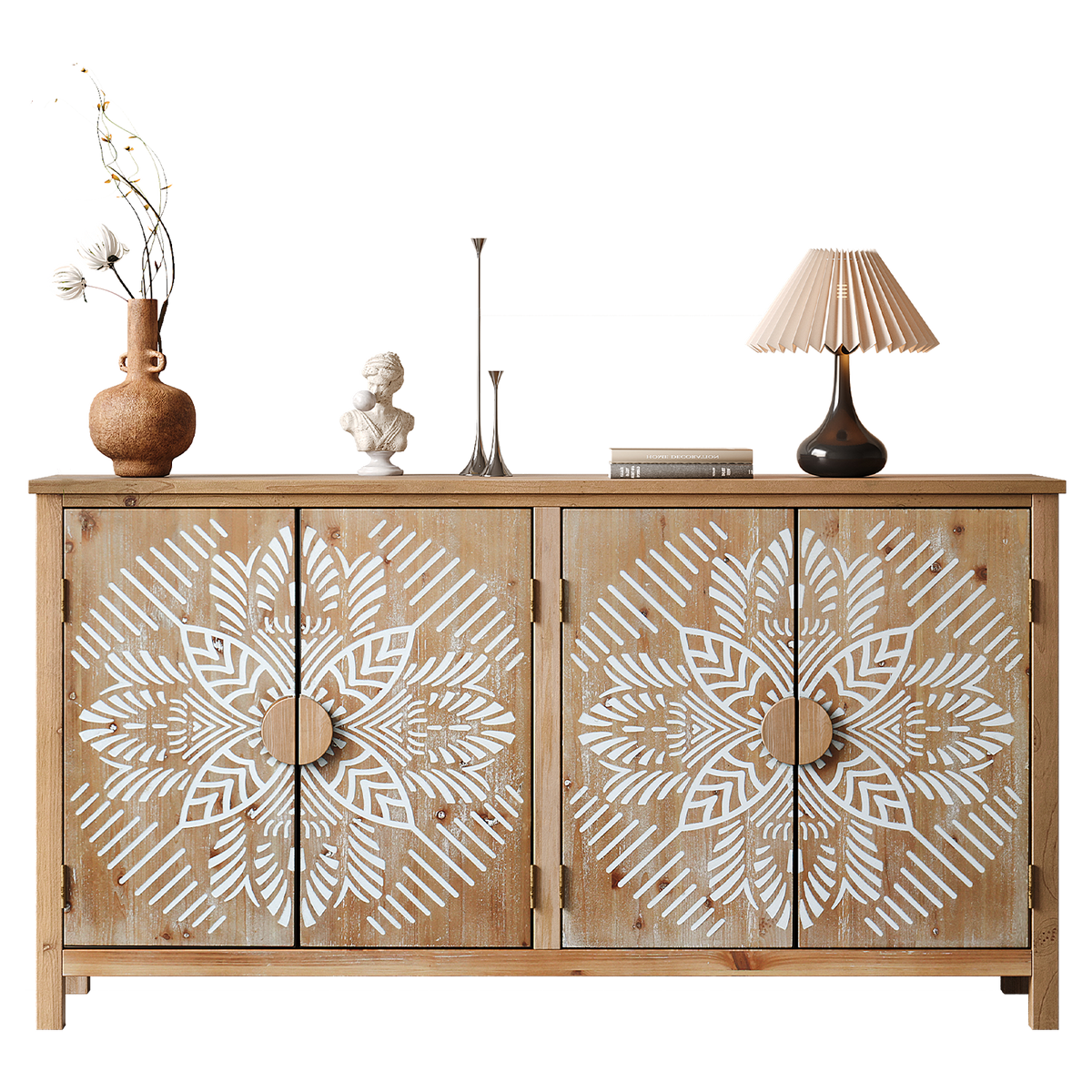 60" Wood Accent Cabinet with 4 Doors - Antique Brown and White