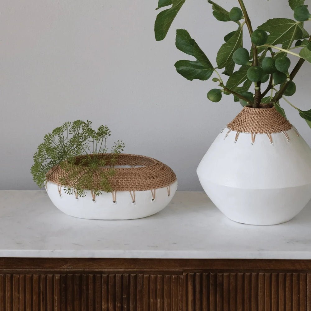 Benton Terracotta Planter with Hand-Woven Rattan Stitching