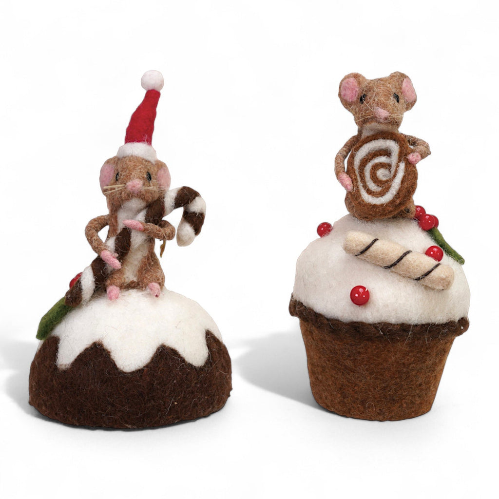 Wool Felt Mouse on Muffin Figurine