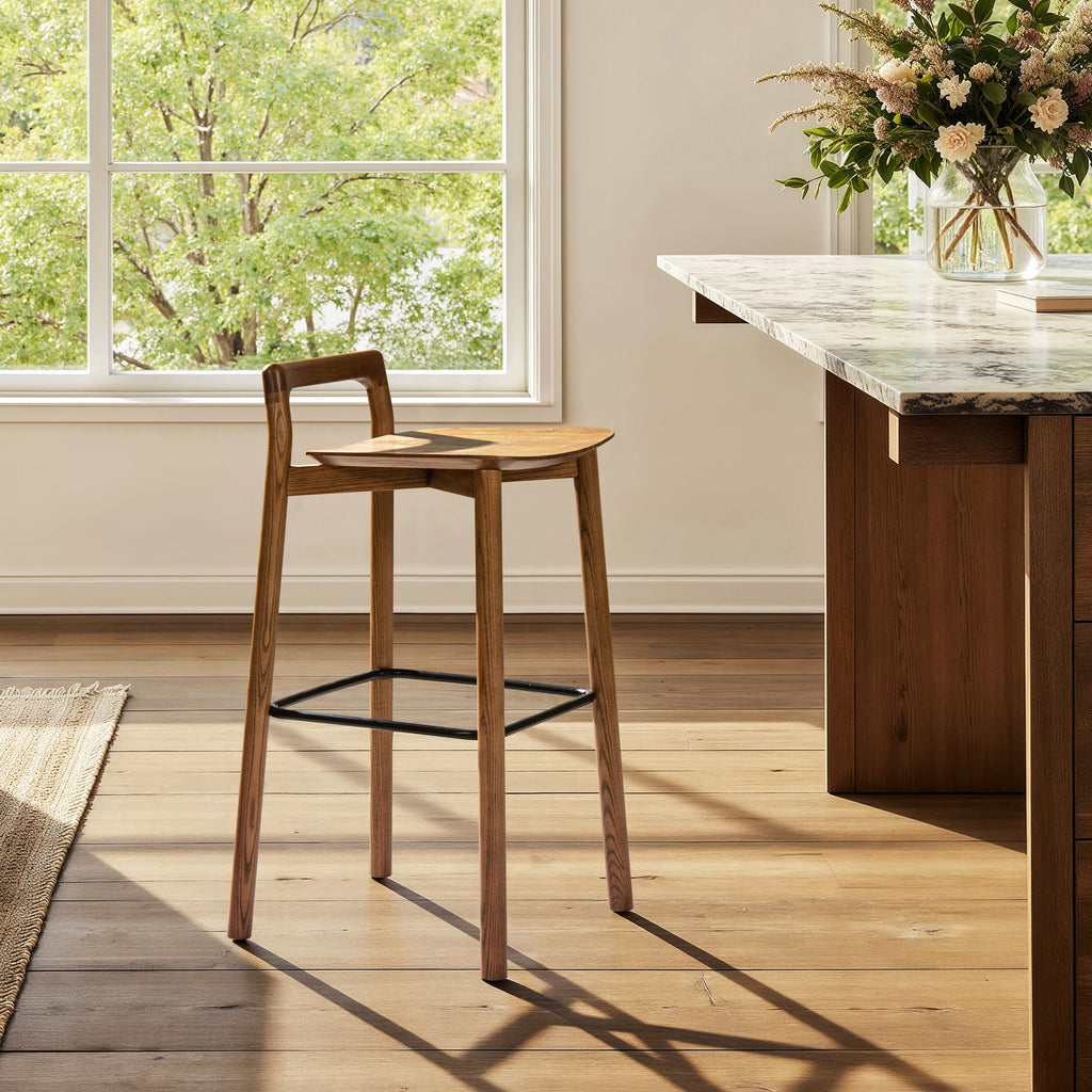 Modern Minimalist Low Back Barstool with Iron Footrest - Walnut