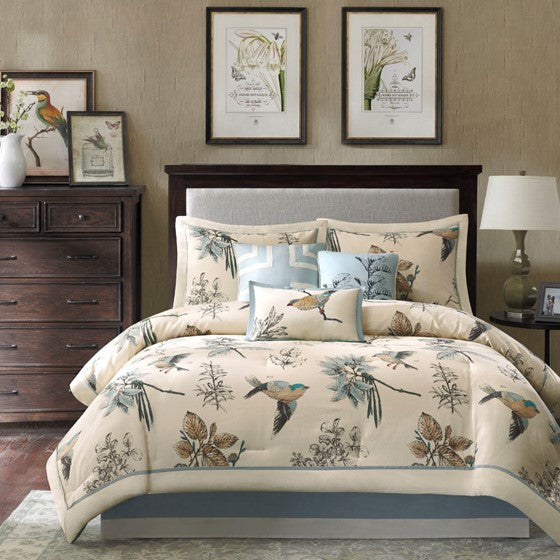 7 Piece Printed Cotton Twill Comforter Set with Embroidered Pillows - Khaki, Queen