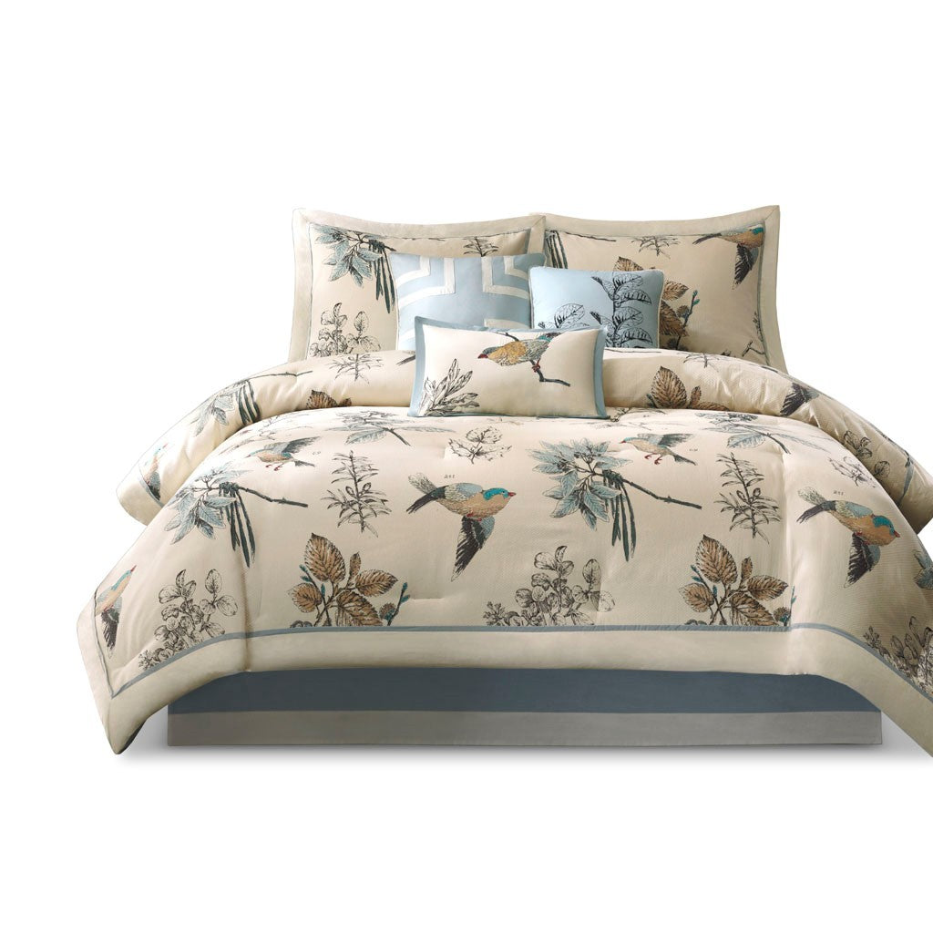 7 Piece Printed Cotton Twill Comforter Set with Embroidered Pillows - Khaki, Queen