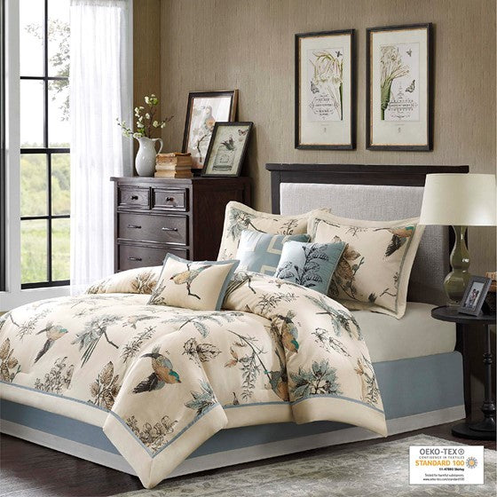 7 Piece Printed Cotton Twill Comforter Set with Embroidered Pillows - Khaki, Queen