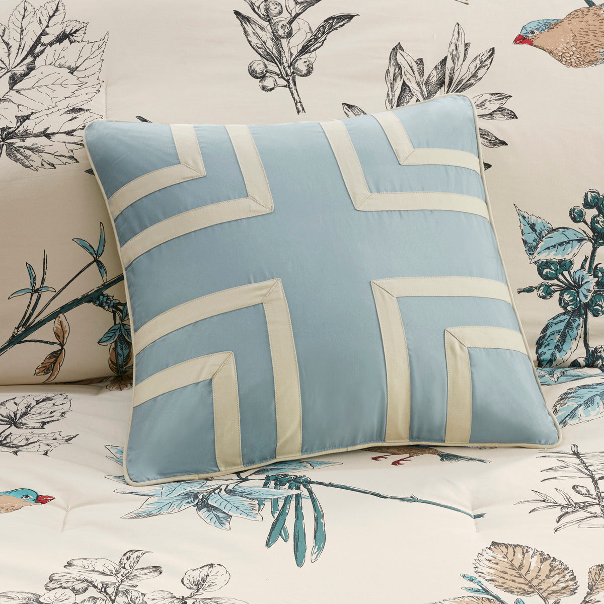 7 Piece Printed Cotton Twill Comforter Set with Embroidered Pillows - Khaki, Queen