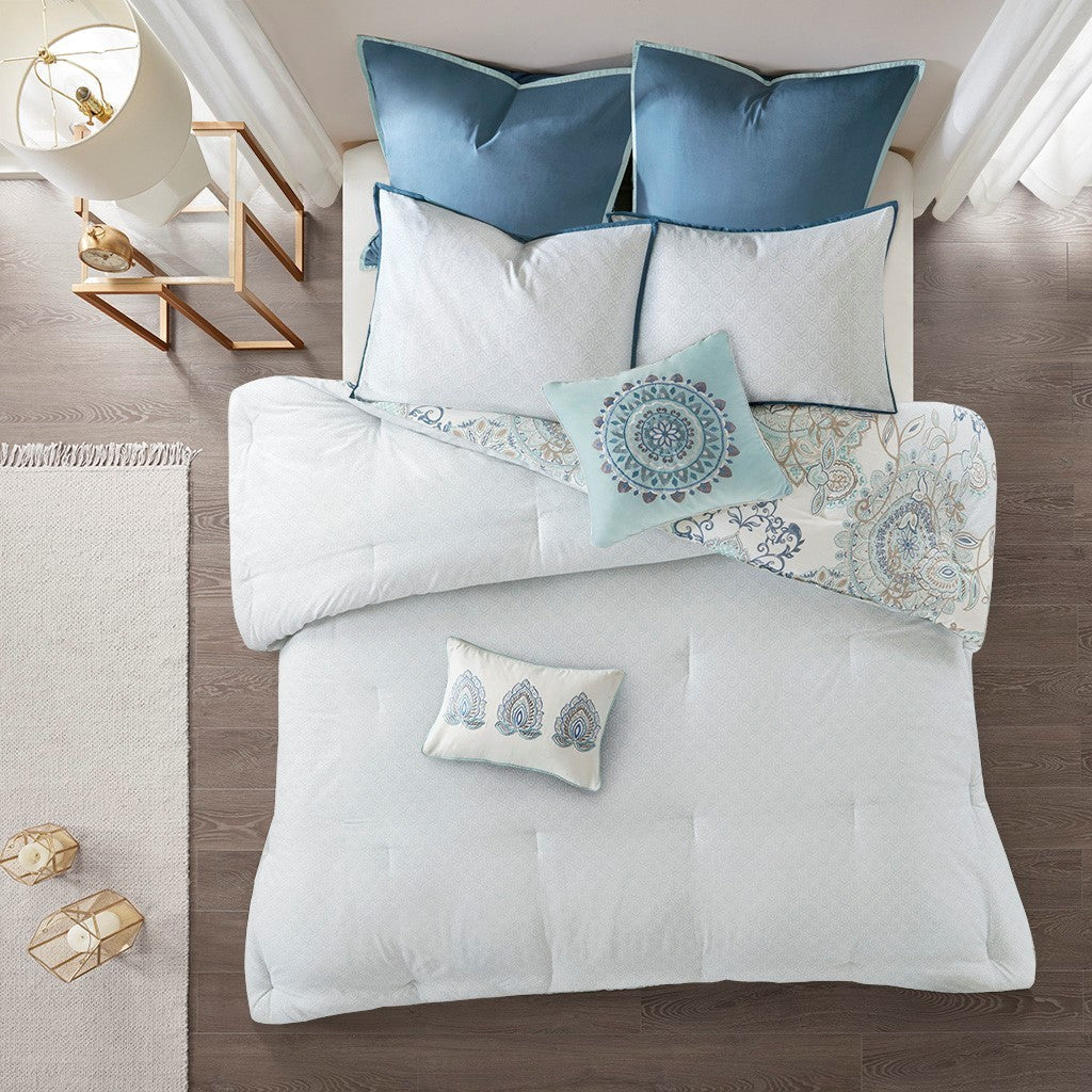8 Piece Cotton Floral Reversible Comforter Set with Decorative Pillows - Blue