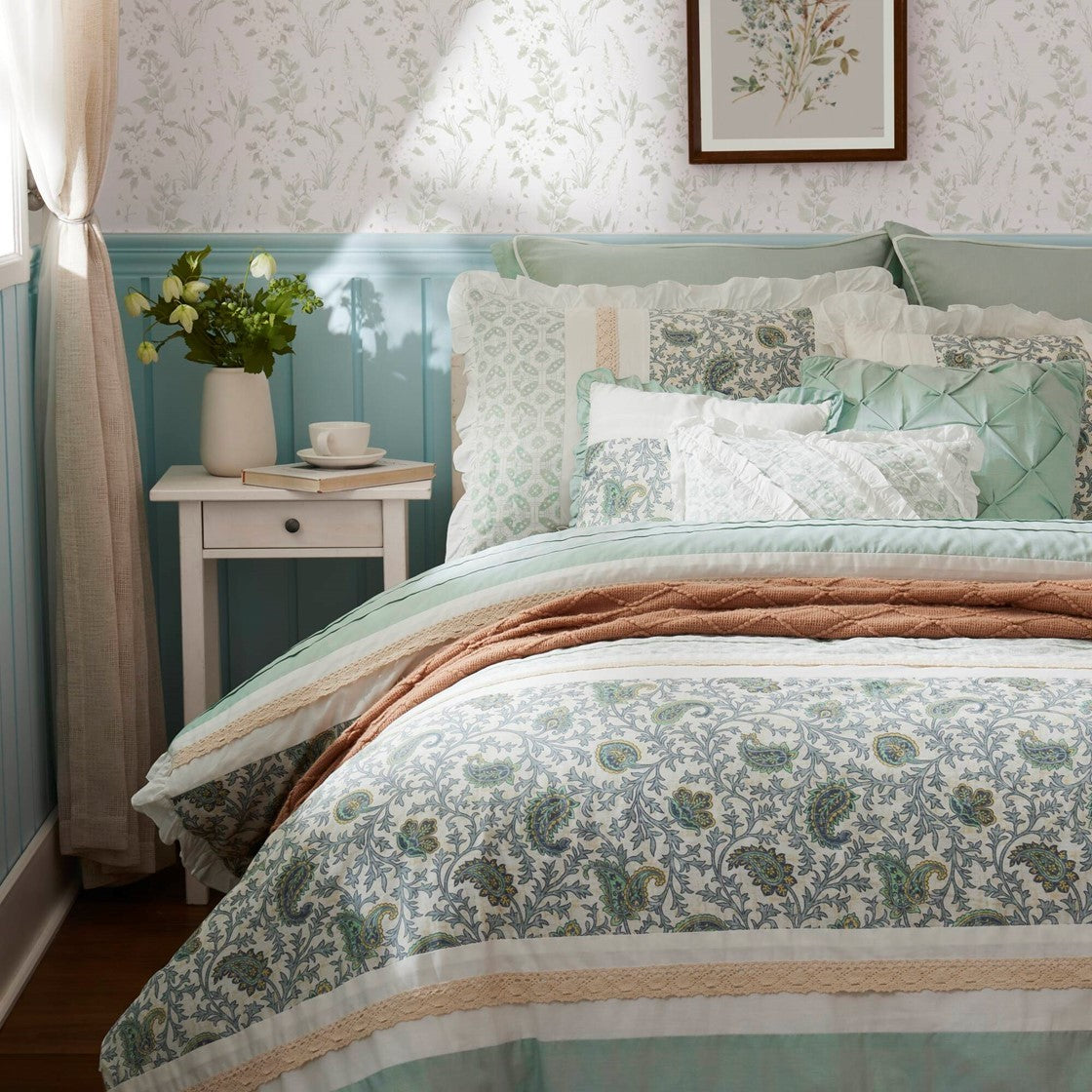 9 Piece Cotton Percale Comforter Set with Decorative Pillows - Aqua
