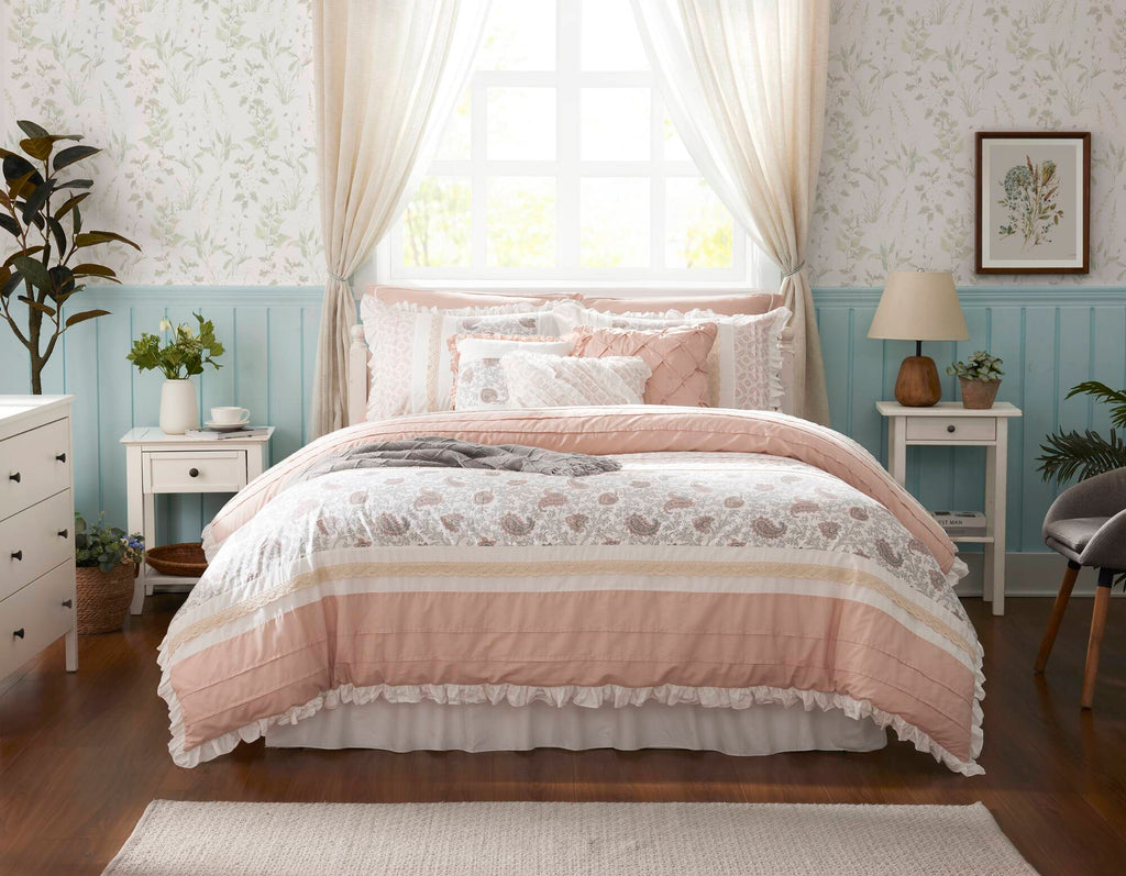9 Piece Cotton Percale Comforter Set with Decorative Pillows - Blush