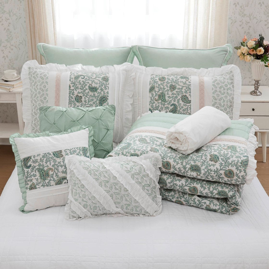 9 Piece Cotton Percale Comforter Set with Decorative Pillows - Aqua