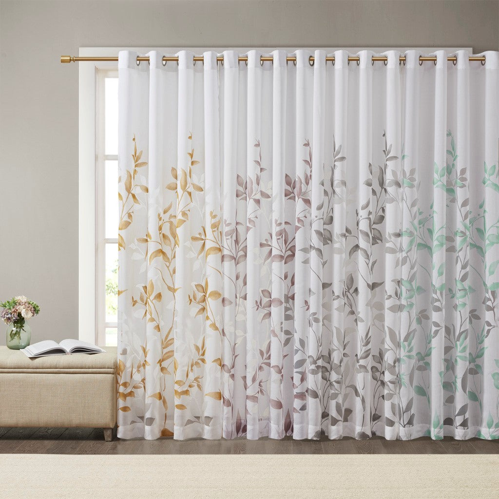 Burnout Printed Curtain Panel with Semi-Sheer Botanical Design - Aqua