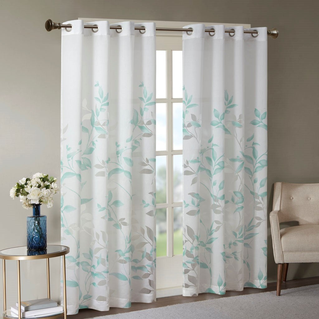 Burnout Printed Curtain Panel with Semi-Sheer Botanical Design - Aqua
